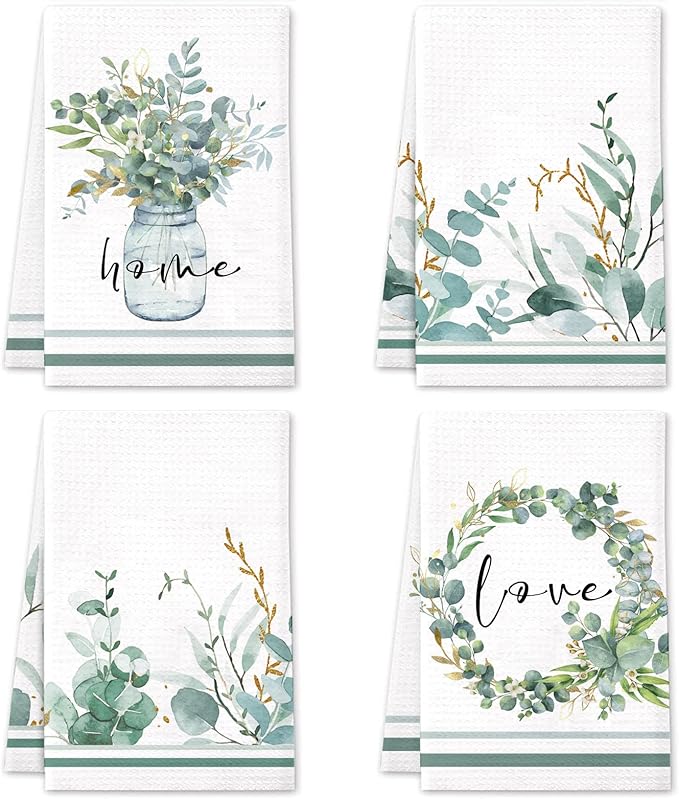 Green Eucalyptus Leaf Kitchen Towels 4 Pack Absorbent Tea Towels 16x24 Inch Dish Towels Green Leaves
