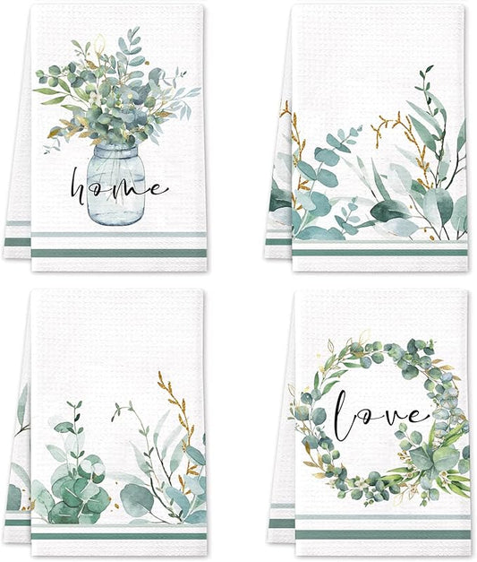 Green Eucalyptus Leaf Kitchen Towels 4 Pack Absorbent Tea Towels 16x24 Inch Dish Towels Green Leaves