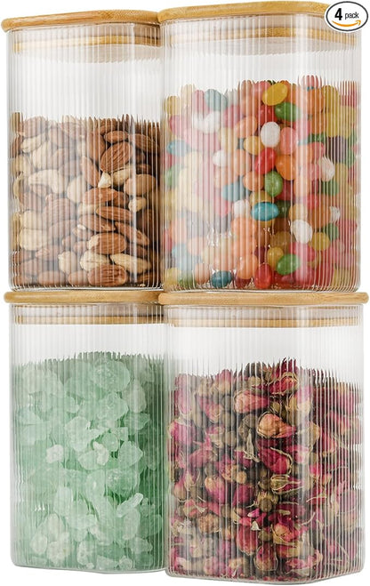 37oz Airtight Glass Square Storage Canisters with Bamboo Lids Set of 4 (1100ml) Striped Stackable Containers, Kitchen Jars for Pantry Noodles, Flour and Coffee beans (‎with Black Lable)