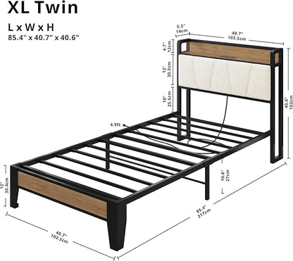 LIKIMIO Twin XL Bed Frames, Storage Headboard with Charging Station, Solid and Stable, Noise Free, No Box Spring Needed, Easy Assembly, Wood and Cream