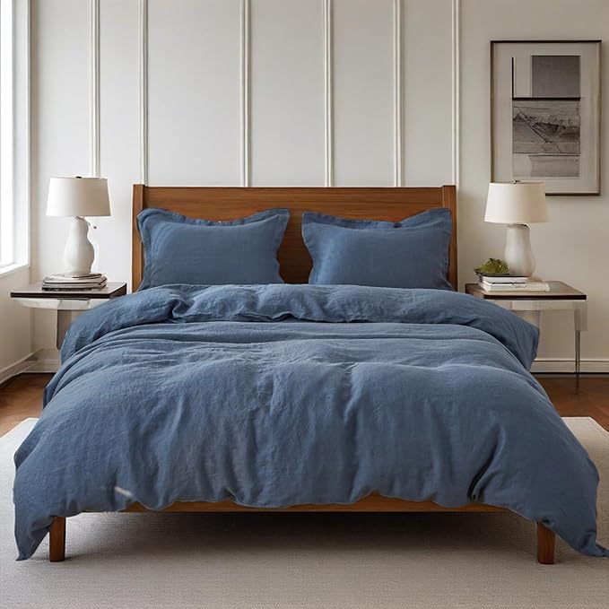 Simple&Opulence 100% Linen Duvet Cover Set, 3 PCS Classic Blue Duvet Cover Queen Size, Breathable Soft Comfy Linen Bedding Comforter Cover with 2 Pillowcases(Classic Blue, 88"x92")