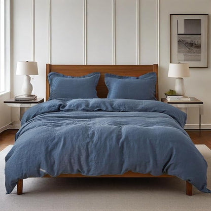 Simple&Opulence 100% Linen Duvet Cover Set, 3 PCS Classic Blue Duvet Cover Queen Size, Breathable Soft Comfy Linen Bedding Comforter Cover with 2 Pillowcases(Classic Blue, 88"x92")