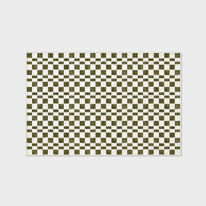 EVERGRACE Checkered Plaid Area Rug 6x9, Soft Fuzzy Faux Wool Rugs Washable Anti Slip Rugs Large Rug Carpet for Entryway Bedroom Living Room Hallway Kitchen Dining Room and Laundry Room, Olive Green