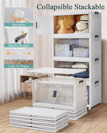 OlarHike Bookcase Storage 97QT Folding Stackable Storage Bins with Doors and Wheels 4 Pack Cubes, White