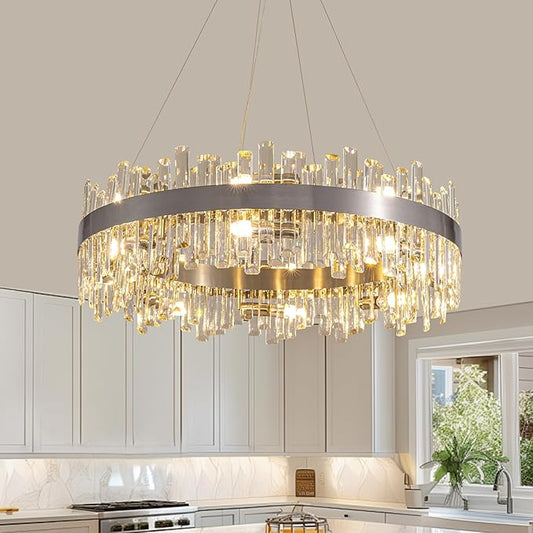 Siljoy 16-Light Modern Crystal Chandelier, Large Brushed Nickel Flush Mount Raindrop Chandelier Adjustable Height Hanging Ceiling Light Fixture for Dining Living Room Entryway Foyer 31.5 Inch