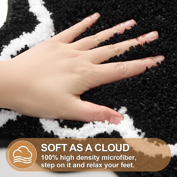 ORTIGIA Black Bath Mat with White Scallop Non Slip, Quick Dry Bath Rug Absorbent Soft Plush Microfiber Bathmat for Bathroom Floor for Sink Bedroom, 20x32