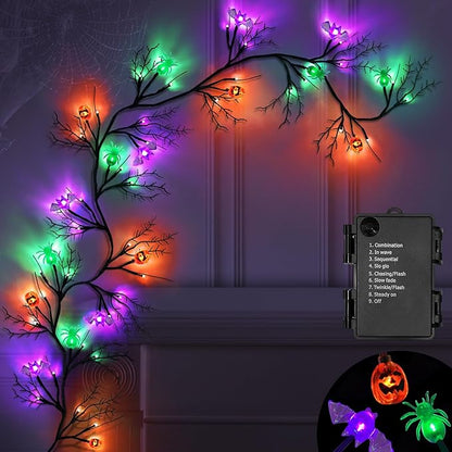 [ 8 Modes & Timer ] 6 Ft 54 LED Halloween Willow Vine Twig Decor Garland with 6 Bats & Pumpkins & Spiders Lights Waterproof Battery Operated Halloween Decorations Home Wall Fireplace Decor