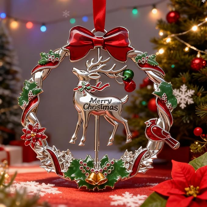 Christmas Ornament 2025 for Tree Hanging Decorations Dated 2025 Christmas Wreath Ornament with Rotatable Reindeer Metal Xmas Ornament for Holiday Decorative Keepsake Gifts