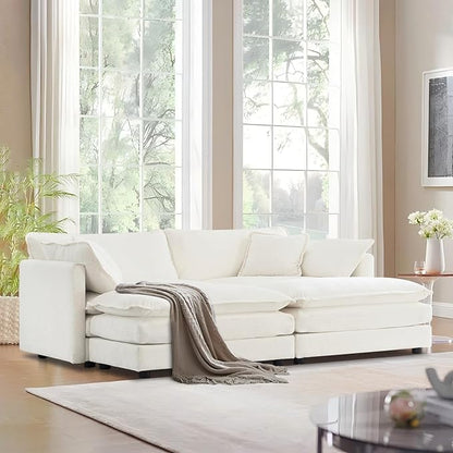 SoarFlash Chenille Sectional Sofa, Comfy Modular Coush Sofa with Ottoman, Modern 2 Seat Recliner Deep Seat Sofa Set for Living Room,White