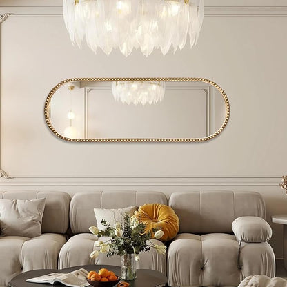 Oval Full Length Wall Mirror, 20"x53" Metal Beaded Frame Large Hanging Dressing Floor Mirror for Bedroom, Living Room, Entryway, Antique Gold (No Stand)