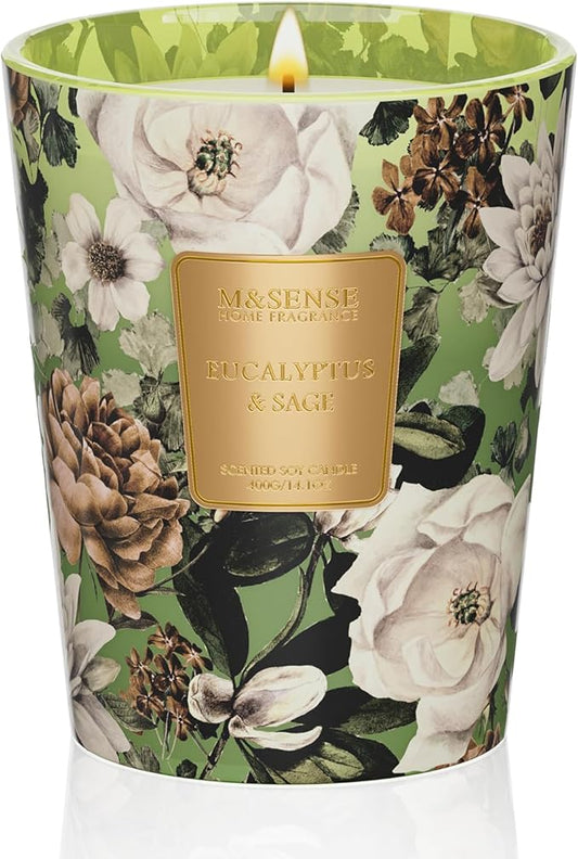 M&SENSE Eucalyptus Sage Scented Candle, 14.1oz 60H Burn Time Slow Burning, Natural Soy Candles Aromatherapy Fall Winter Relaxing, Home Fragrance Housewarming Festival Thanksgiving Christmas Gifts