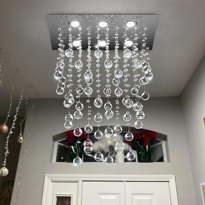 Glam Crystal Chandelier with Bulb Rain Drop Pendants Ceiling Light LED Lighting Rectangular Dining Room Light Fixture Dimmable LED Light