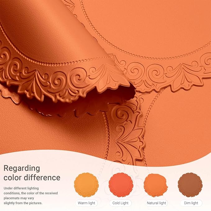 Noctiflorous Round Faux Leather 15 Inch Placemats Set of 4 Waterproof Wipeable Heat Resistant Tablemat for Dining Table Kitchen Non Slip Washable Oilproof Table Place Mat(Pumpkin Orange, 4)