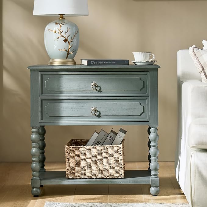 HULALA HOME Farmhouse Storage End Table with 2 Drawers and Open Shelf, Solid Wood Side Table with Spindle Legs, Nightstand with Charging Station (Blue)