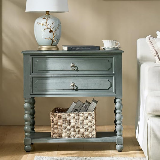 HULALA HOME Farmhouse Storage End Table with 2 Drawers and Open Shelf, Solid Wood Side Table with Spindle Legs, Nightstand with Charging Station (Blue)