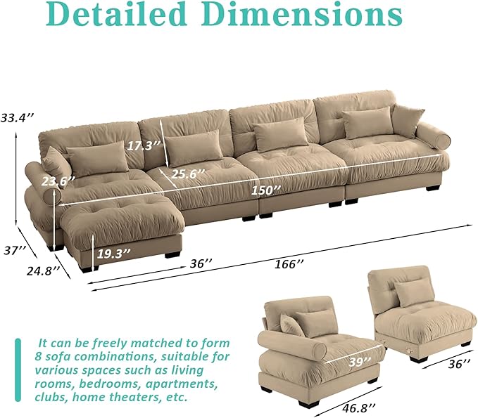 SoarFlash 166" Sectional Couches for Living Room, L Shaped Sofa Couch with Velvet Fabric, 4 Seat Modern Sofa with Ottoman, Removable Pillows for Apartment, Brown