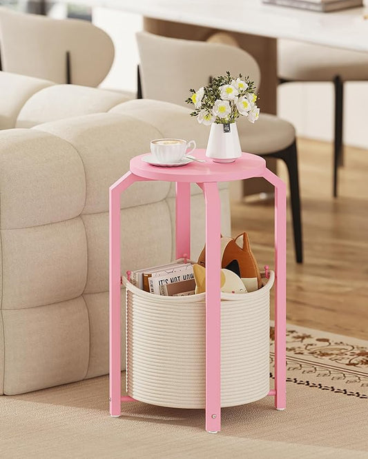 TUTOTAK Small Side Table, Round End Table, Night Stand, Bedside Table, Set of 2, Sofa Table with Storage Basket, Living Room, Bed Room, Pink TB01BP0922