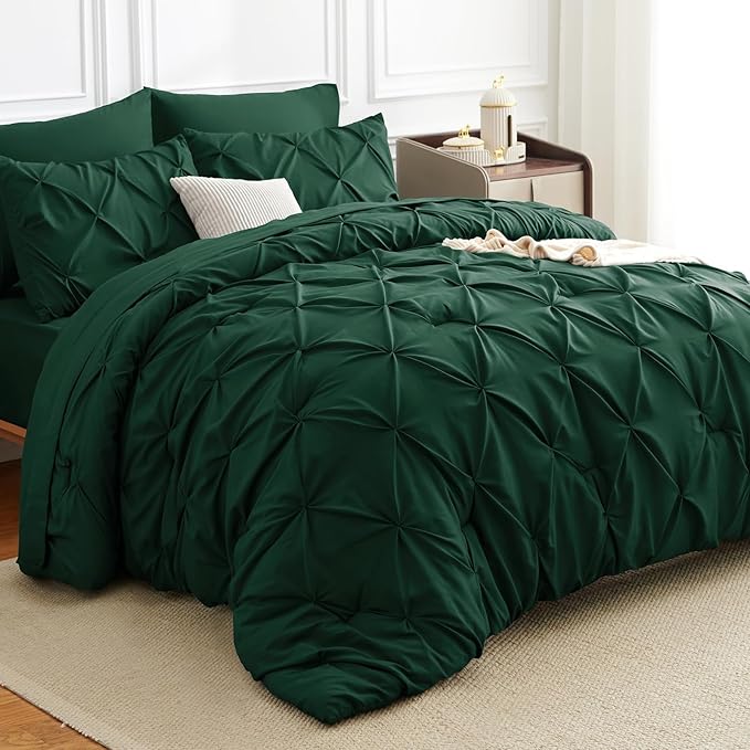 CozyLux California King Comforter Set Emerald Green - 7 Pieces Cal King Pintuck Bed in A Bag Gift for Family, Pinch Pleat Bedding Sets with All Season Comforter, Sheets, Pillowcases & Shams