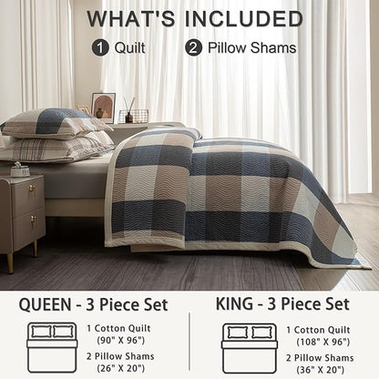 Cotton Plaid Quilt Set Queen 3 Piece Reversible Bedding, Grid Beige Blue