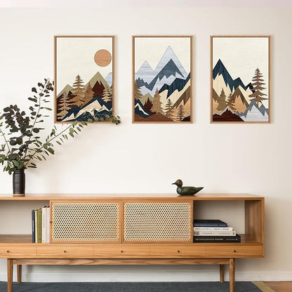 HOURIA Mid Century Mountain Woodland Framed Wall Art Set,Boho Sunrise Pine Tree Wall Decor,Wilderness Nature Forest Artwork,Modern Woodcut Field Art Print for Living Room,Bedroom,Office- 16"x24"x3