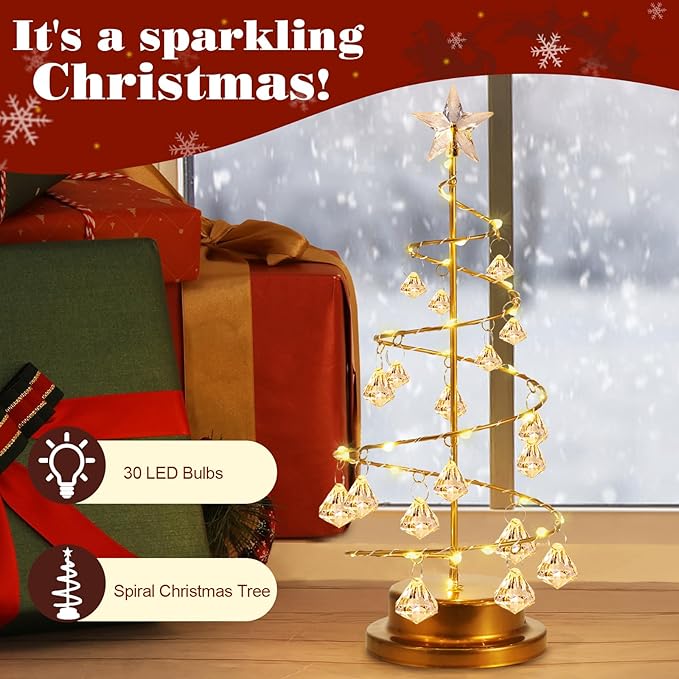 Lewondr Christmas Tree Light, 11'' Battery Operated Christmas Tree Night Light, Crystal Spiral Xmas Tree Table Lamp with Star Light & Metal Stand, Christmas Decoration for Home Room Desk Indoor, Gold