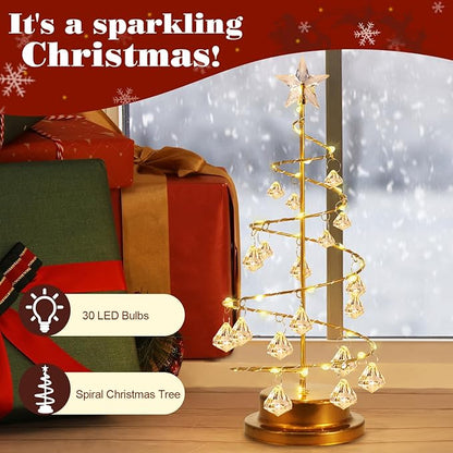 Lewondr Christmas Tree Light, 11'' Battery Operated Christmas Tree Night Light, Crystal Spiral Xmas Tree Table Lamp with Star Light & Metal Stand, Christmas Decoration for Home Room Desk Indoor, Gold