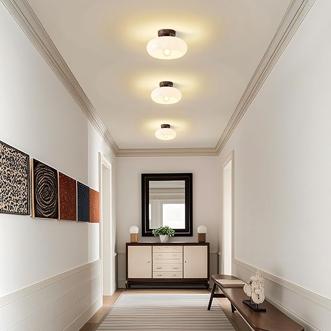 Mid-Century Modern Semi Flush Mount Ceiling Light, Faux Walnut Wood Kitchen Light Fixtures with Glass Shade, Vintage White Close to Ceiling Lamp for Entryway Hallway Bathroom (11.0 Inch)