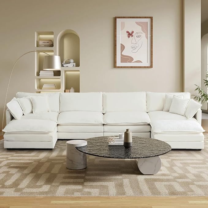 SoarFlash Chenille Sectional Sofa, Comfy L/U Shaped Modular Coush Sofa with Ottoman, Modern 4 Seat Couch Deep Seat Sofa Set for Living Room,White