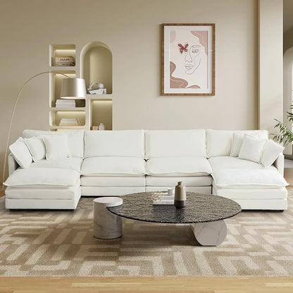 SoarFlash Chenille Sectional Sofa, Comfy L/U Shaped Modular Coush Sofa with Ottoman, Modern 4 Seat Couch Deep Seat Sofa Set for Living Room,White