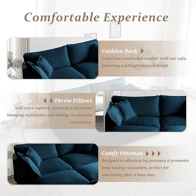 SoarFlash Chenille Sectional Sofa, Comfy Modular Coush Sofa with Ottoman, Modern 2 Seat Recliner Deep Seat Sofa Set for Living Room,Deep Blue