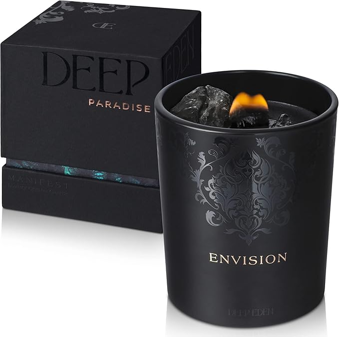 Scented Candle, Wood Wick, 7.4 Oz, Black - Luxurious, Powerful Manifestation Crystal Candle - Hand Poured with Natural Soy, Coconut and Beeswax - Essential Oils and Exotic Fragrance