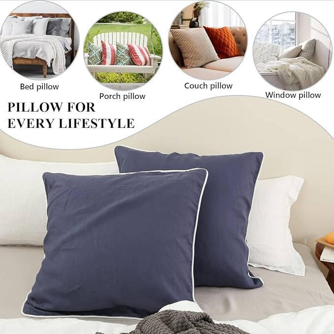 Simple&Opulence 100% Linen Euro Sham Covers with Piping Trim, 26"x26" Pillow Cover Set of 2, Breathable Pillow Shams for Bed Couch Decorative Cushions, Classic Blue