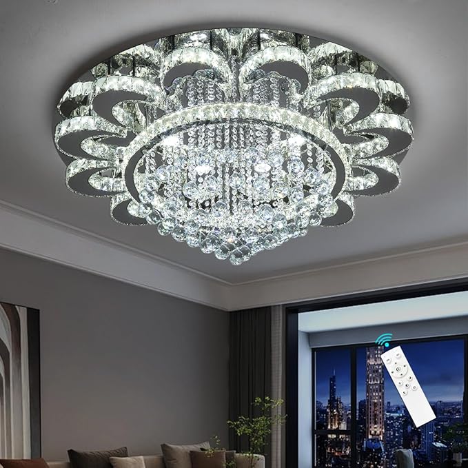 Modern Chandelier Living Room Light Glam Chandeliers Ceiling Light Fixture Remote Dimmable Lights 40 Inches Luxury Crystal Silver Dining Room Lights