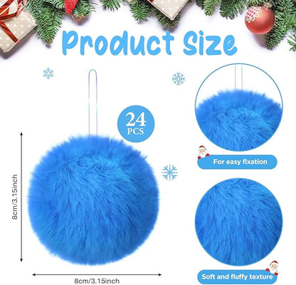 12Pcs Furry Christmas Ball Ornament for Xmas Tree Blue Soft Faux Fur Pom Pom Ball Ornaments Christmas Tree Hanging Decorations for Winter Party Home Decor Costume Supplies