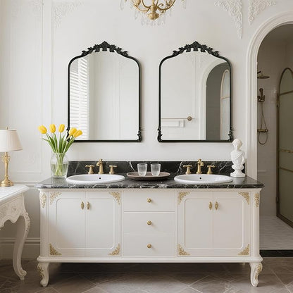WallBeyond Black Antique Mirror for Vanity 24x32 Inch, Black Vintage Mirror with Ornate Frame, Arched Vintage Wall for Bathroom, Living Room, Fireplace