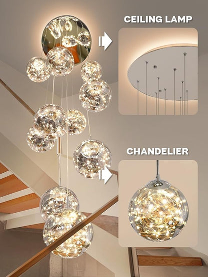 10-Light High Ceilings Long Chandeliers LED Staircase Chandelier High Ceiling Chandelier for Entryway,Modern Crystal Long Pendant Light, Adjustable Length 16" W x79 H，50W