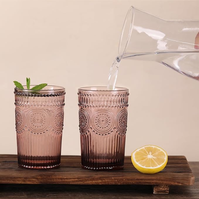 Vintage Glassware Drinking Glasses Set of 4-13 oz Purple Highball Glasses Water Tumbler, Embossed Glassware Cups for Juice, Beer, Cocktail, Whiskey, Various Mixed Drinks