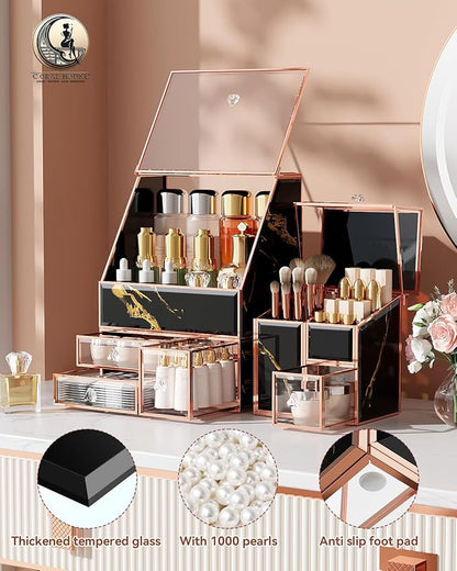 Makeup Organizer Black,Glass Vanity Organizer for Skincare, Perfume, Brushes & Lipsticks – Countertop Makeup Storage Box for Women, Bathroom or Dresser