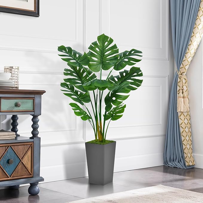 Artificial Monstera Deliciosa Plant 5FT - Faux Tropical Palm Tree with Gray Tall Planter - Fake Swiss Cheese Floor Plant Potted - Artificial Tree for Home Office Living Room Decor Indoor