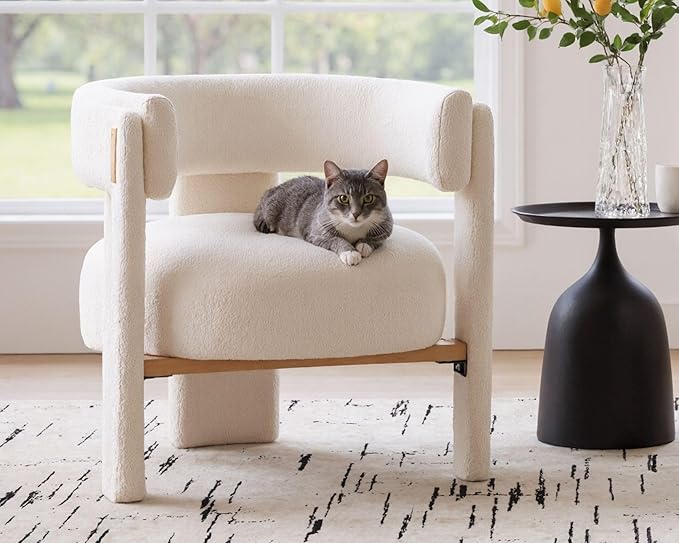 White Boucle Barrel Accent Chair, Comfy Upholstered Living Room Chair Mid-Century Modern Reading Chair with Open Back Round Corner Armchair, Side Sitting Lounge Chair for Bedroom/Office