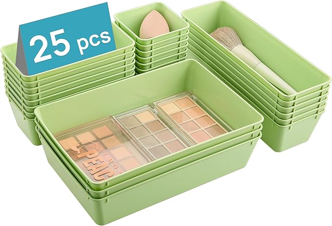 Vtopmart 25 PCS Plastic Drawer Organizers Set, 4-Size Versatile Bathroom and Vanity Drawer Organizer, Storage Bins for Makeup, Bedroom, Kitchen Gadgets Utensils and Office
