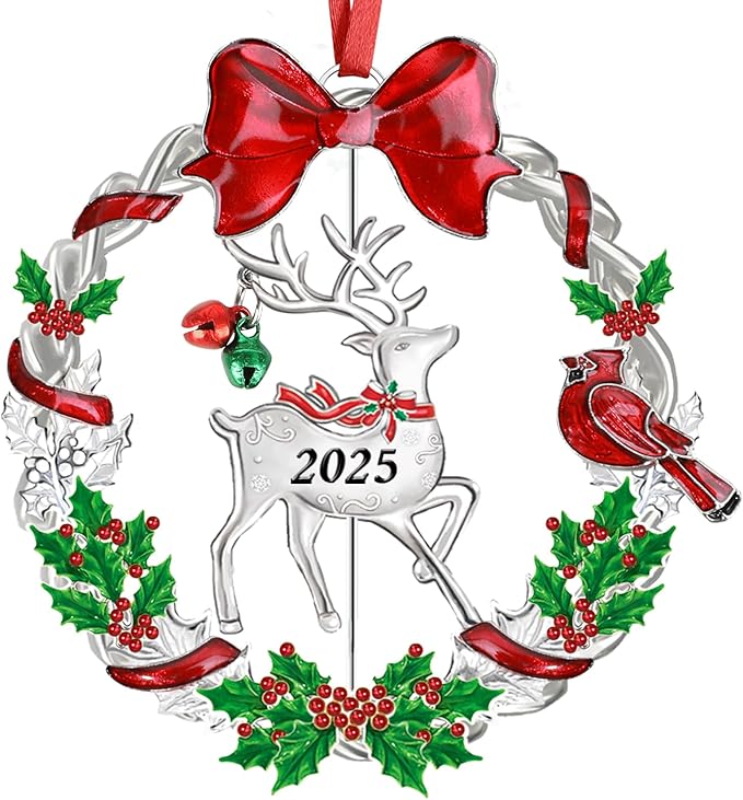 Christmas Ornament 2025 for Christmas Tree Decorations, Dated 2025 Christmas Wreath Ornament with Rotatable Deer for Holiday Decorative Keepsake Gift(Metal,1 Pack)