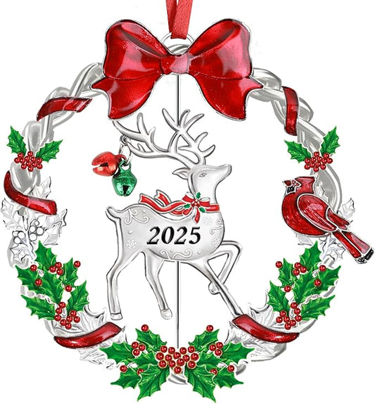 Christmas Ornament 2025 for Christmas Tree Decorations, Dated 2025 Christmas Wreath Ornament with Rotatable Deer for Holiday Decorative Keepsake Gift(Metal,1 Pack)