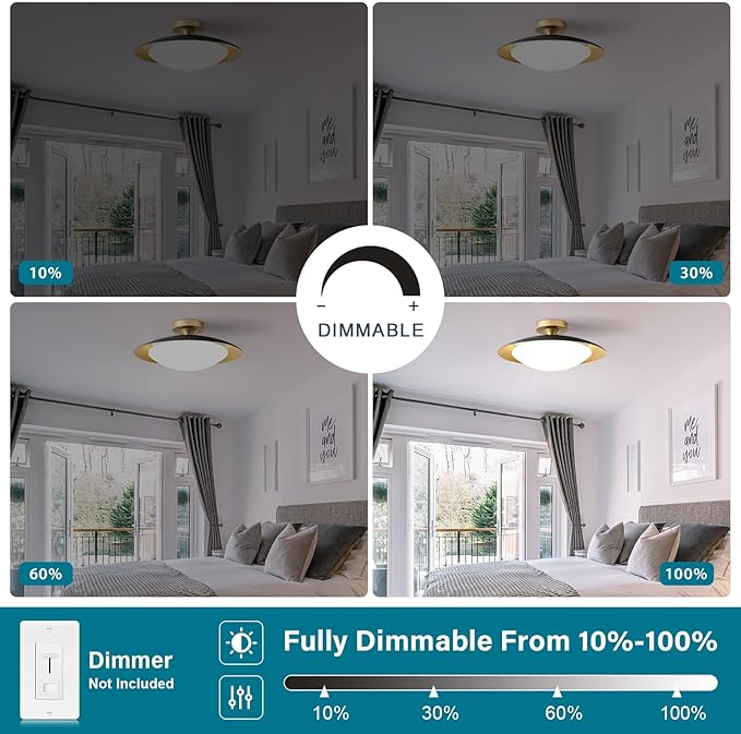 Dimmable Mid Century Modern Semi Flush Mount Ceiling Light with Acrylic Shade,Black Gold LED Ceiling Light,5CCT 2700K-6000K Light Fxiture for Hallway Bedroom Kitchen Laundry Room Living Room 15.7 in