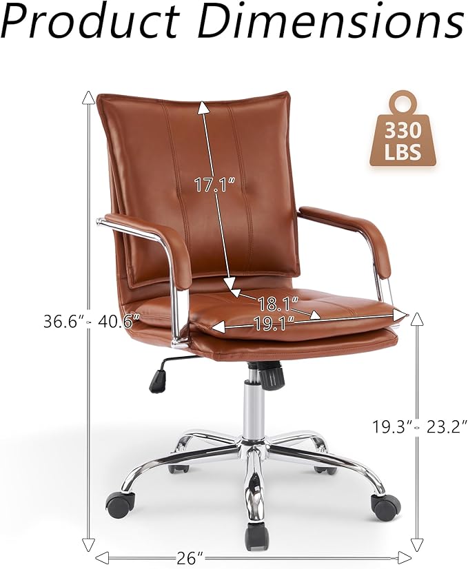 Mid-Back Ergonomic Leather Office Chair, Modern Upholstered Executive Desk Chair with Gold Frame Armrest Computer Task Chair (Caramel &Silver Legs)