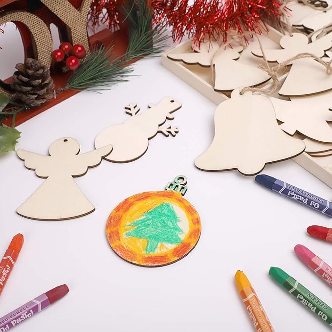 MACTING 27PCS Wooden Christmas Ornaments Unfinished Predrilled Natural Wood Slices DIY Blank Hanging Ornaments Kit for Crafts Centerpieces Christmas Tree Decorations, 9 Styles