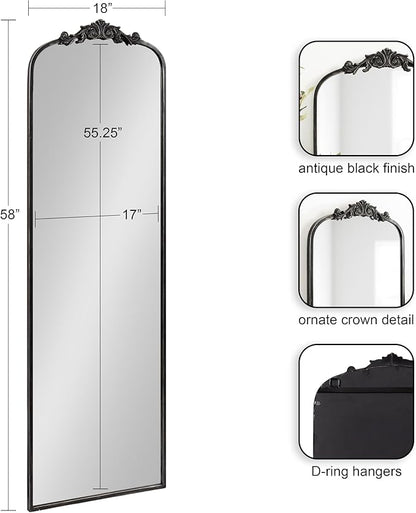 Kate and Laurel Arendahl Vintage Arched Tall Panel Mirror, 18 x 58, Antique Black, Traditional Baroque Full Length Mirror with Ornate Garland Inspired Crown for Bedroom Body Mirror Decor