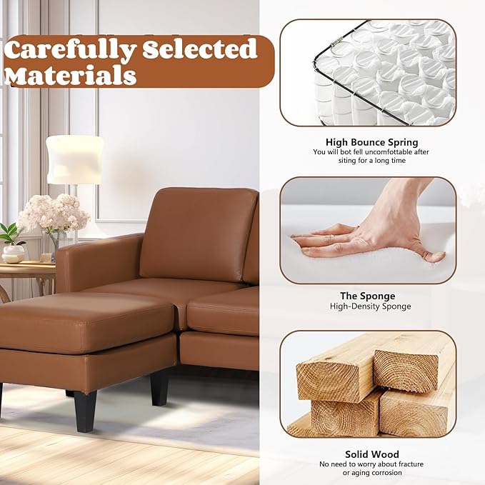 Small Sectional Sofa L Shape Convertible Leather Sleeper Couch with Lounge for Living Room Office Apartment, Brown