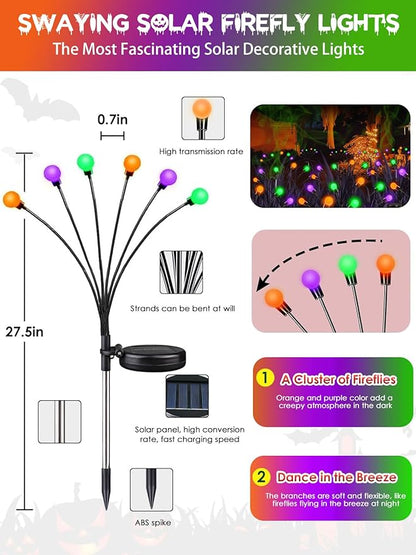 6 Pack Halloween Decorations Outdoor Solar Pathway Lights, Solar Firefly Lights Orange Purple and Green, Sway by Wind, Waterproof Solar Halloween Lights for Patio Garden Yard Lawn Horror Party Decor