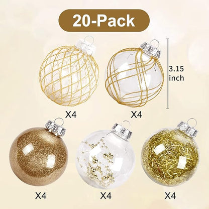 Christmas Ball Ornaments Set, 20ct Large Clear Shatterproof 80mm/3.15" Gold Christmas Ornaments for Christmas Tree Decoration Hanging Decorative Bauble for Thanks Giving Xmas Holiday Party